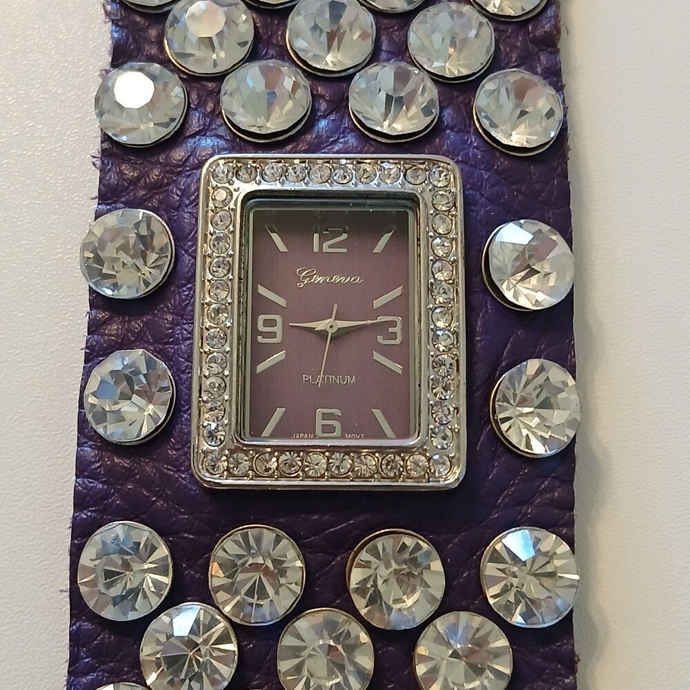 Geneva Platinum Purple Faux-Leather Wide Cuff Watch with Oversized Rhinestones